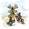 Don Quixote attacking the windmill, his servant, Sancho Panza on donkey back