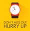 Don`t Miss Out, Hurry Up Concept. Stopwatch clock ticking on yellow background