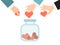 Donate jar with hearts concept. Charity and donations vector illustration. People hands donating heart in jars. Give and