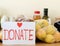Donate red text and sign heart on a background of foods set
