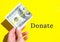 DONATE Text Female hand holding dollars close up. Money currency. Online shopping. Giving money. Business budget of