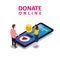 Donating online payments consept. Isometric smartphone tiny people woman man gold coin button. Modern charity. Vector