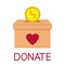 Donation box. Throwing coin in a box for donations. Donate, giving money and love. Concept of charity. Give and share your love