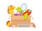 Donation box. Voluntary help children, isolated box with toys. Charity vector illustration