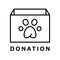 Donation icon. Rectangular box with paw print. Help animals, pets, wildlife concept. Linear logo or poster. Black white