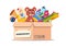 Donation toy box. Cardboard containers with social care and support for pure kids. Vector volunteer charity and help for