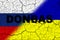 Donbas. Conflict between Ukraine and Russia. Image of the flag of Russia and the flag of Ukraine with the word Donbas written