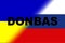 Donbas. Conflict between Ukraine and Russia. Image of the flag of Russia and the flag of Ukraine with the word Donbas written