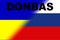 Donbas. Conflict between Ukraine and Russia. Image of the flag of Russia and the flag of Ukraine with the word Donbas written