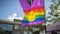 Doncaster Pride 19 Aug 2017 LGBT Festival rainbow flag on a stre