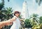 Dondra lighthouse in Sri Lanka: woman traveler take for hand her