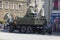 Donetsk, Donetsk People Republic, Ukraine, June 24, 2020: A convoy of military vehicles with Soviet artillery guns on a trailer