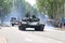 Donetsk, Donetsk People Republic, Ukraine â€“ May 9, 2019: Armored soviet tanks T-72 driving through the main street of the