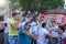 Donetsk, Ukraine - June 11, 2012: Soccer fans from different countries singing hymns spportivnye near the stadium before