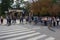 Donetsk, Ukraine - September 02, 2018: Citizens at the destroyed cafe Separ - places of death of the head Alexander Zakharchenko