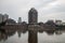 Dongpo Urban Wetland Park under a cloudy sky near the Minjiang river, Meishan city, China