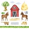 Donkey animal, farm elements hand drawn set. Watercolor illustration. Red barn, foal, fence, hay, grass, wheel barrow
