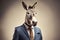 donkey in business suit on gray background, an anthropomorphic, animal character. Businessman