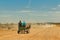 Donkey carriage with 2 men on a dusty dirt road in Namibia, Africa. Driving car with dust cloud in background and blue