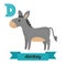 Donkey. D letter. Cute children animal alphabet in vector. Funny