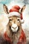 Donkey domestic animal with santa claus hat watercolor illustration. Christmas Donkey illustration for children book. Vertical