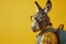 Donkey in glasses as a student with backpack, on yellow background.