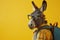 Donkey in glasses as a student with backpack, on yellow background.