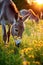 donkey grazing in a sunlit meadow with wildflowers