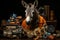 A donkey wearing an orange shirt sitting in front of a pile of junk. Generative AI image.