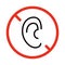 Dont hear symbol, ear restriction, deaf line icon. Limit hear sign. Ear no. Danger to hear. Icon of ear in red