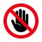 Dont stop icon. Pforbidden sign. Hand prohibit. Forbidden access. Symbol ban entry. Red circle and black palm isolated on white ba