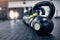 Dont use machines, become one. Closeup shot of kettlebells lined up in a gym.