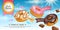 Donut bakery, doughnut ad banner. Chocolate, caramel and strawberry candy desserts, pastry, snacks products various