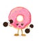 Donut cartoon holding dumbbell with happiness isolated on white