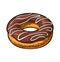 Donut with chocolate icing and white stripes. Vector color engraving
