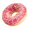 Donut with coral color glaze and colorful sprinkles isolated on white background. One round pink doughnut