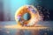 Donut expressive shot with topping and sugar powder splash. Tasty donut food styling image. Generative AI.