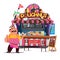 Donut Food booth. Street Food cart concept with merchant character design - vector illustration