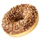 Donut with frosted chocolate glaze and nuts sprinkles isolated on white background. One round chocolate and nuts doughnut