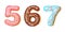 Donut icing numbers digits - 5, 6, 7. Font of donuts. Bakery sweet alphabet. Donut alphabet latters A b C isolated on