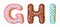 Donut icing upper latters - G, H, I. Font of donuts. Bakery sweet alphabet. Donut alphabet latters A b C isolated on