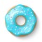 Donut isolated on a white background. Cute, colorful and glossy donuts with blue turquoise glaze and multicolored powder. Simple