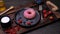 Donut milk and berries. Close-up 4k video shooting, on a dark background