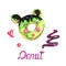 Donut in mouse face shape with chocolate and pistachio glaze, hand painted watercolor illustration with inscription isolated