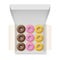 Donut open cardboard box top view realistic vector illustration. Package with doughnuts sweet candy