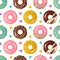 Donut pattern. Seamless texture of sweet desserts. Tasty doughnuts. Cartoon glazed confectionery and colorful heart