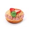 Donut with pink cream with nuts and strawberries. View from a forty-five degree angle. Isolated image