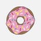 Donut with pink glaze. Tasty cake with decorative colored sprinkles. Vector.