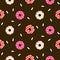 Donut pink glazed seamless chocolate vector pattern.