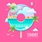 Donut with sea or osean island landscape inside. Summer beach background. Cut out paper art style design. Origami